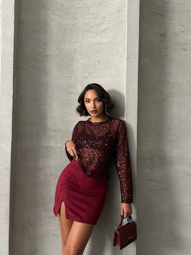 Topshow Bordo Suet Yırtmaclı Toptan Etek
