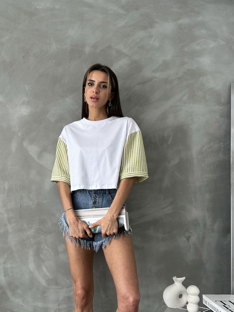 Topshow Fıstık Yeşili Çizgili Poplin Kollu Toptan T