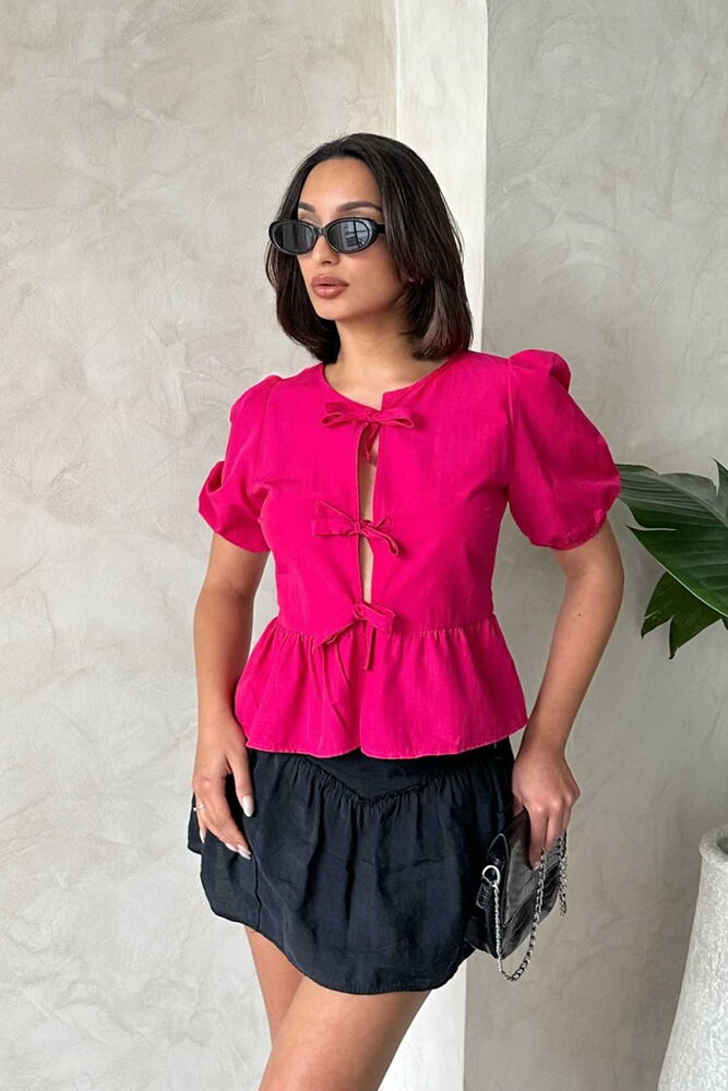 Topshow Fuşya Önden Bağlamalı Poplin Toptan Bluz