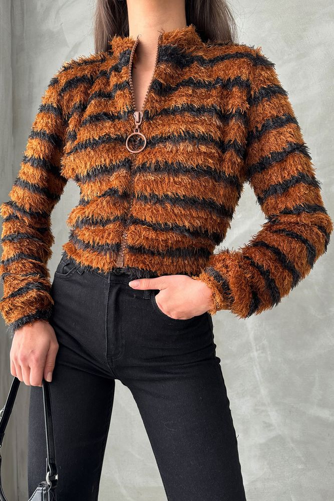Çizgili Fermuarlı Peluş Toptan Mont