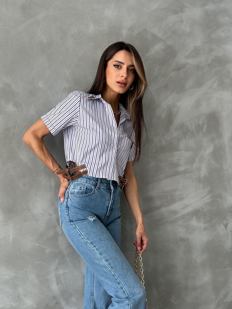 Topshow Karışık Kemer Detaylı Çizgili Toptan Gömlek