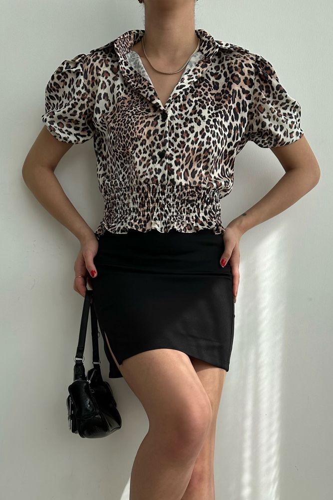 Topshow Küçük Leopar Beli Gipeli Ouzu Pileli Toptan Gömlek