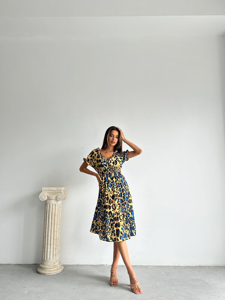 Topshow Leopar Saks Desenli Uzun Toptan Elbise