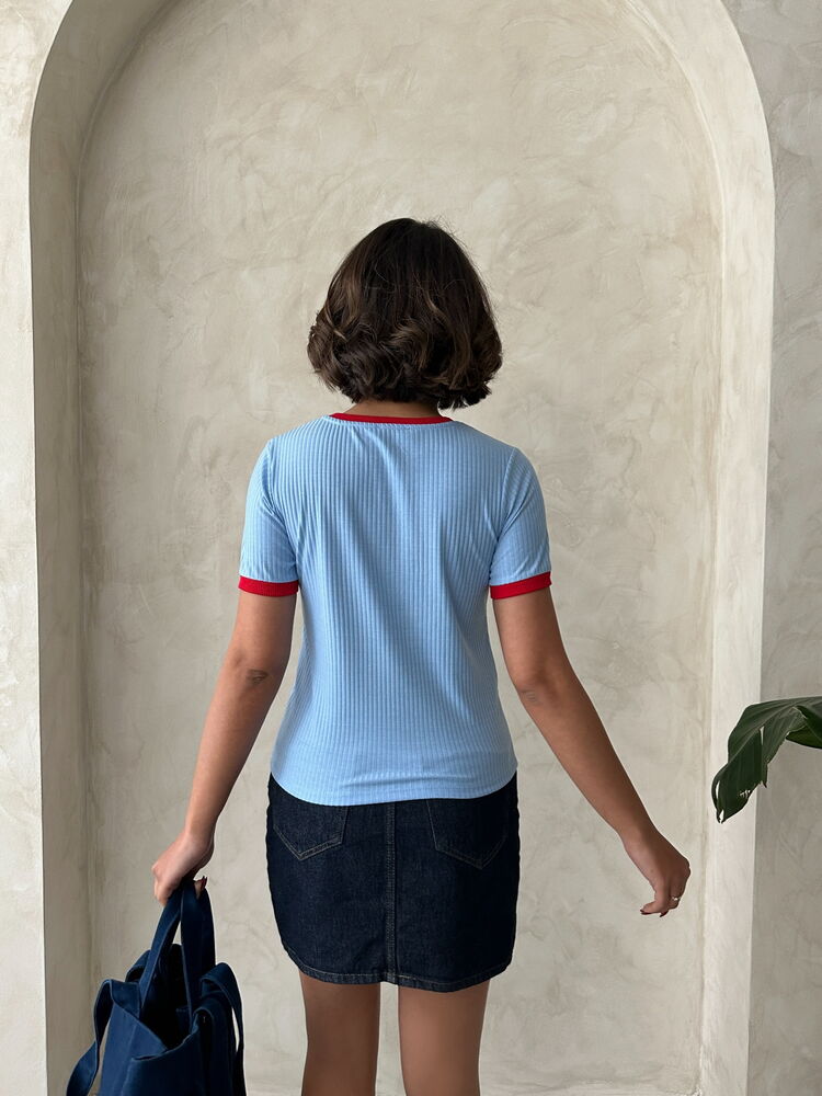 Topshow Mavi Kırmızı Nakışlı Toptan T Shirt