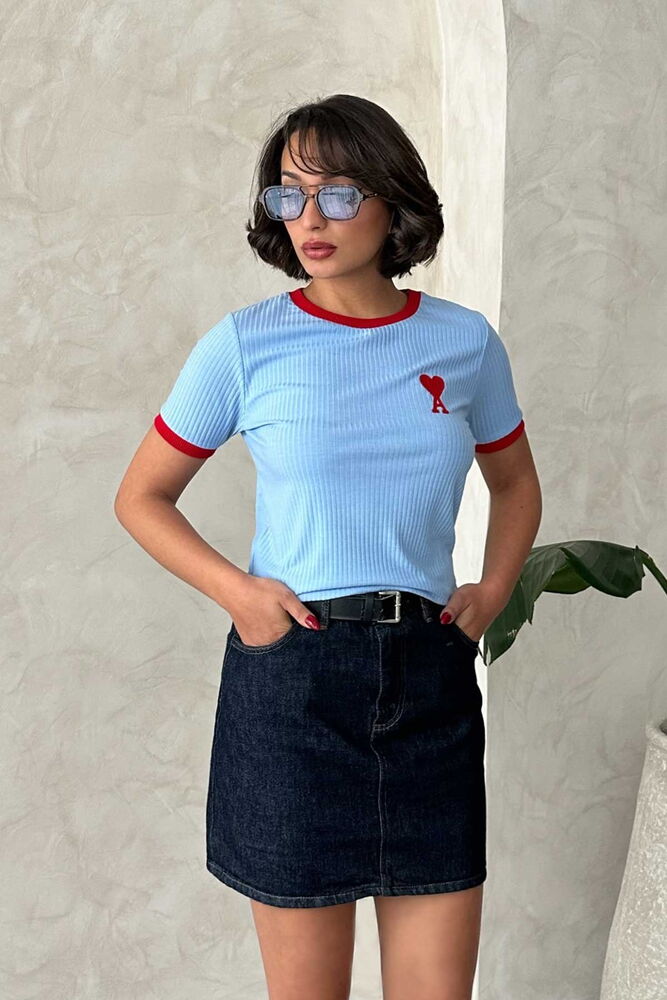 Topshow Mavi Kırmızı Nakışlı Toptan T Shirt
