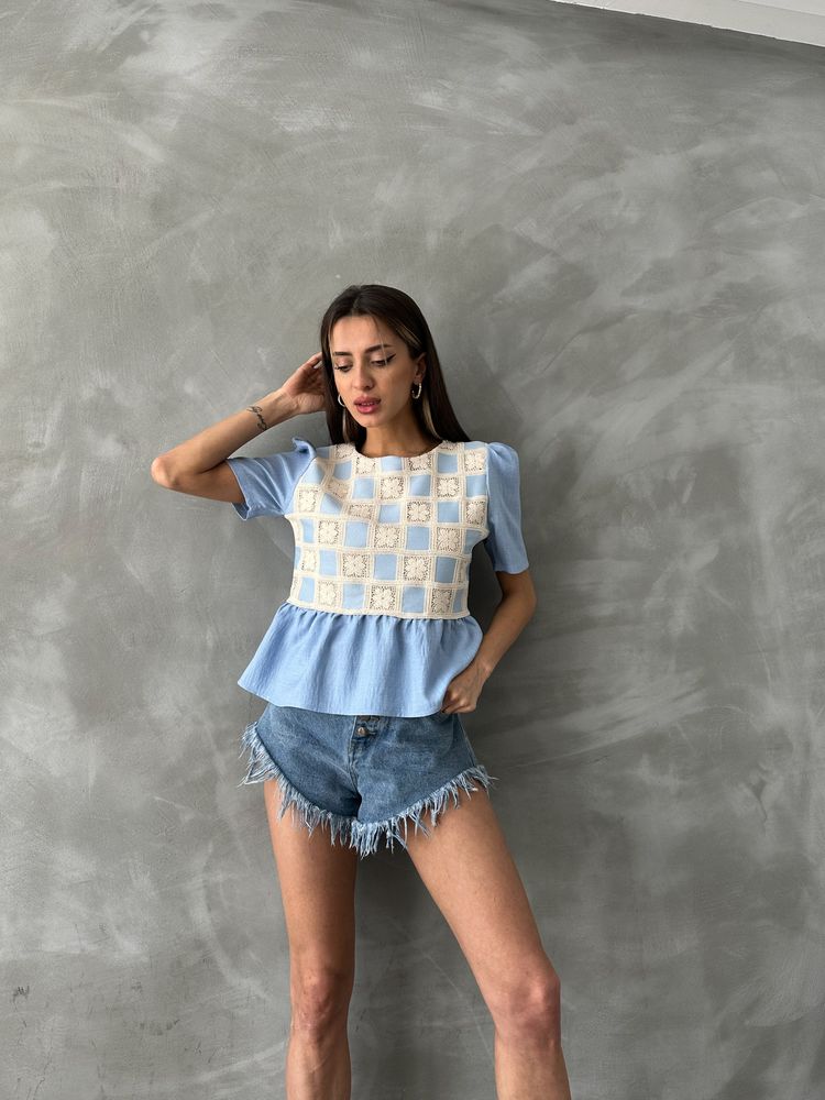 Topshow Mavi Mavi Dantel Detaylı Toptan Bluz
