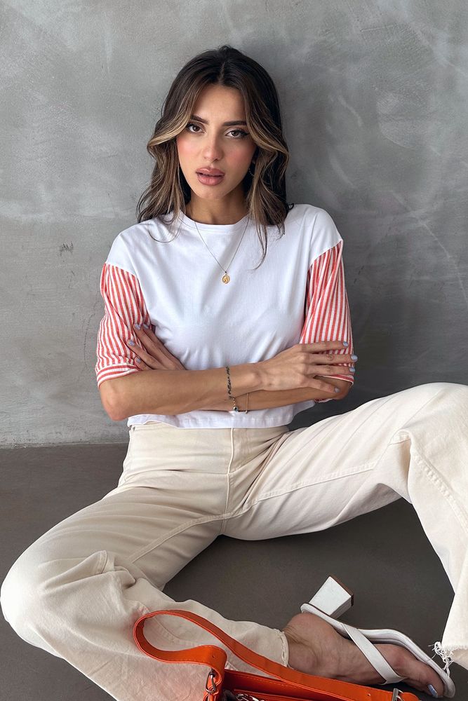 Topshow Oranj Çizgili Poplin Kollu Toptan T