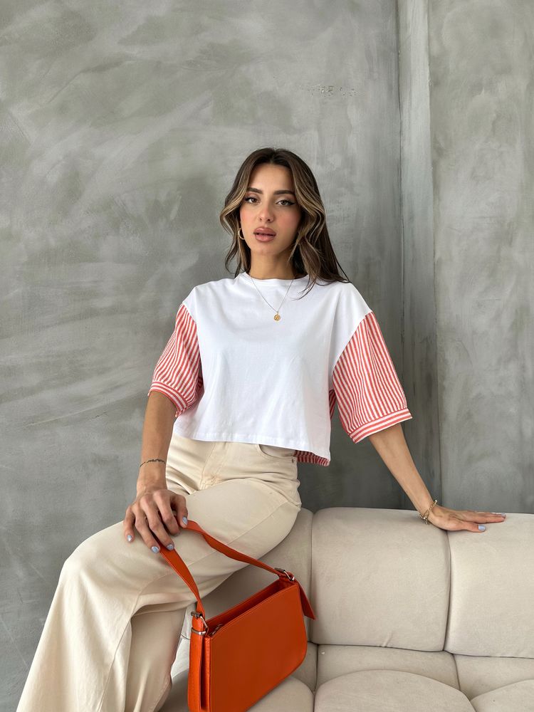 Topshow Oranj Çizgili Poplin Kollu Toptan T