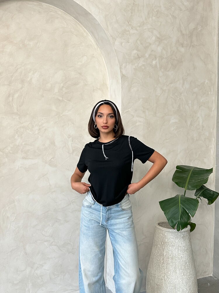 Topshow Siyah Çoban Dikişli Toptan Tişört