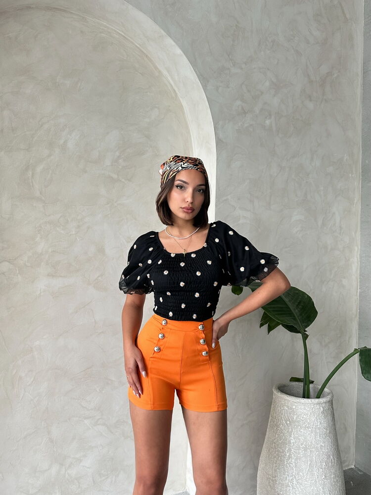 Topshow Siyah Gipe Detaylı Desenli Şifon Toptan Bluz