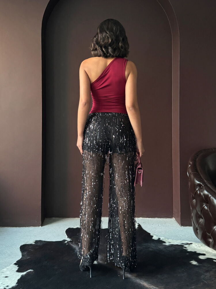 Topshow Siyah Pullu Tül Toptan Pantolon