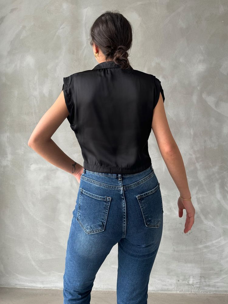 Topshow Siyah Sıfır Kollu Saten Göbek Üstü Toptan Gömlek