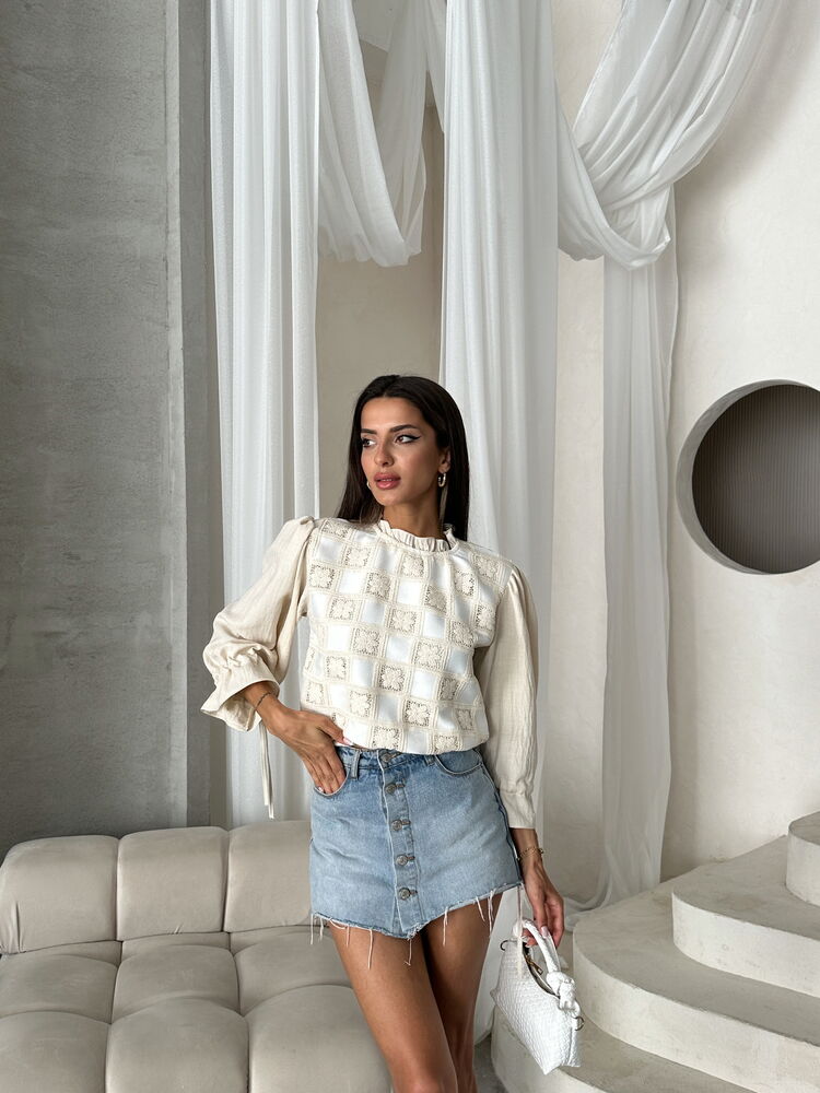 Topshow Taş Krem Dantel Detaylı Toptan Bluz