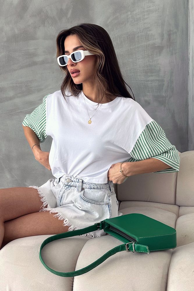 Topshow Zümrüt Çizgili Poplin Kollu Toptan T