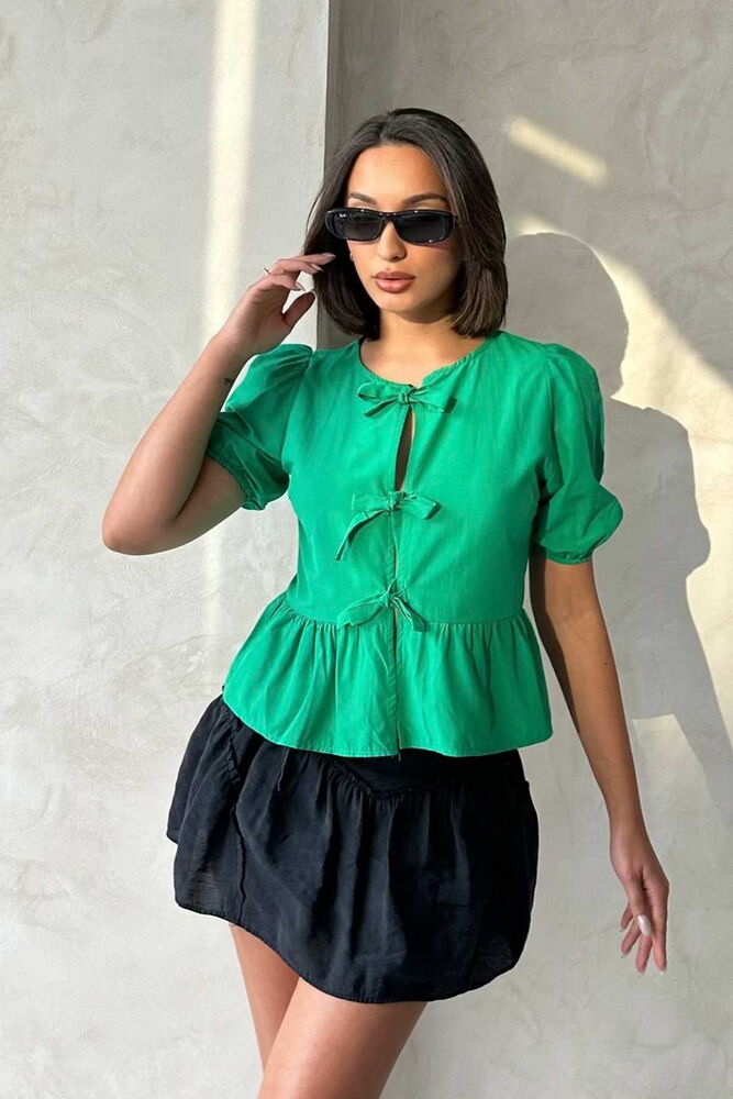 Topshow Zümrüt Önden Bağlamalı Poplin Toptan Bluz