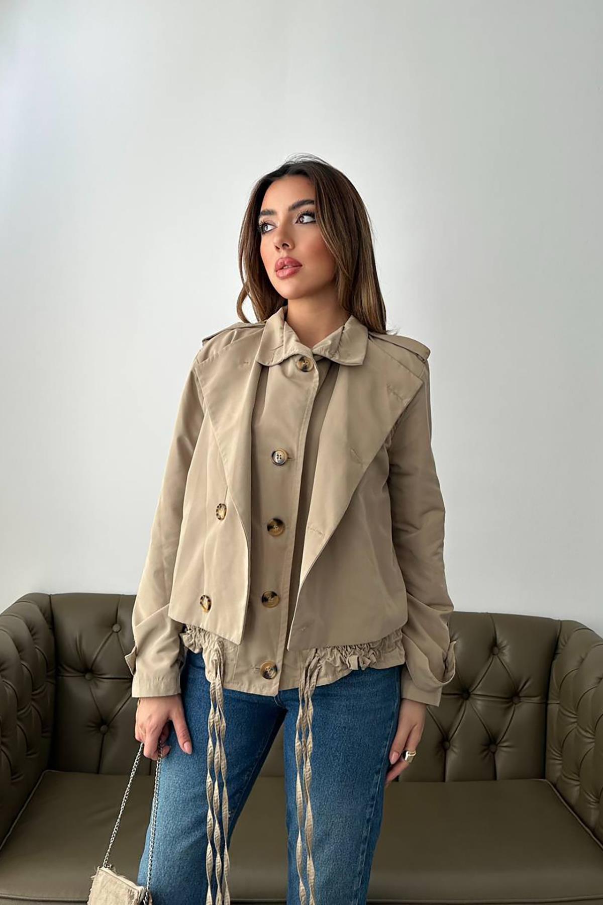 Toptan Açık Haki Çift Katlı Kısa Ceket Açık Haki L