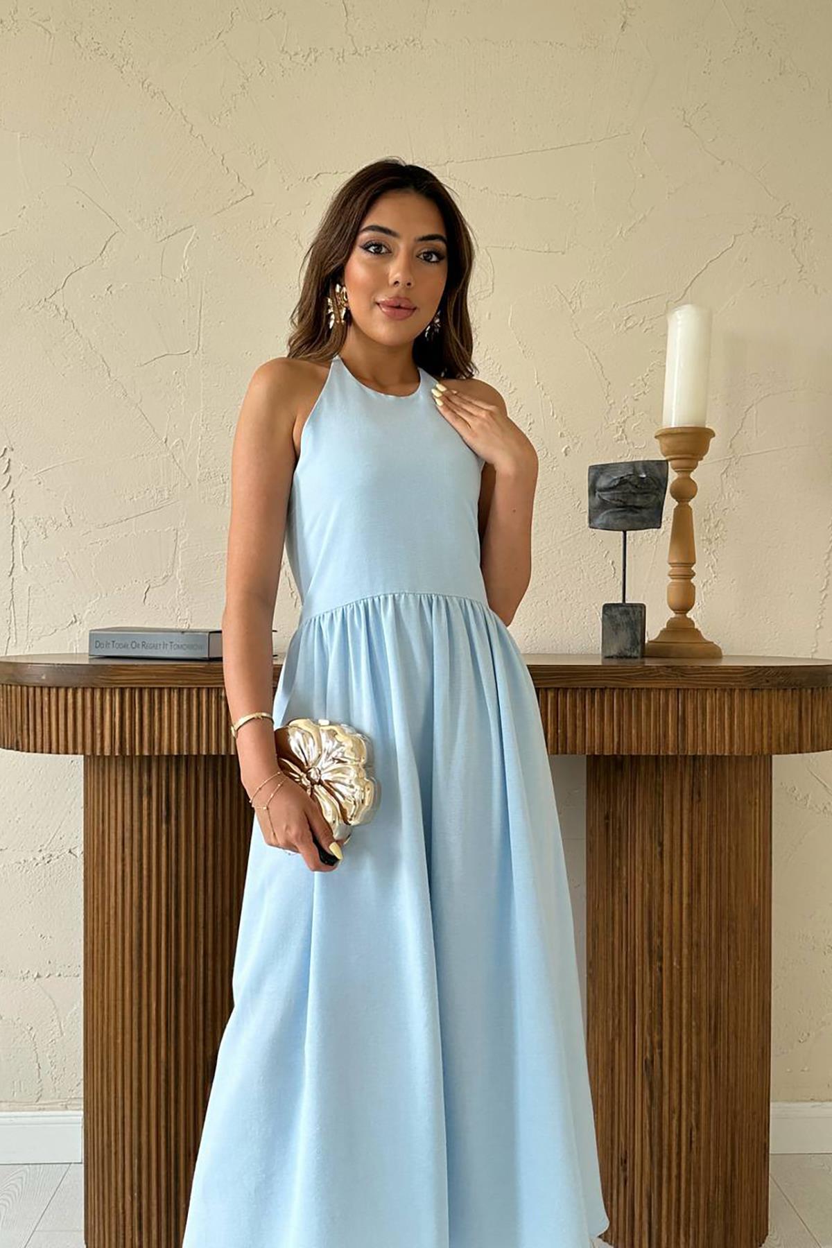 Toptan Bebe Mavi Arkası Gipeli Keten Elbise