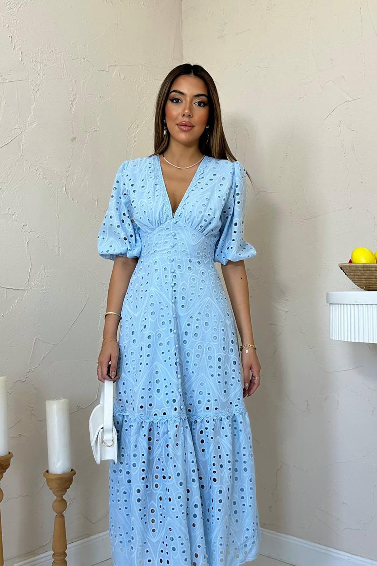 Toptan Bebe Mavi Büzgü Detaylı Dantelli Brode Elbise