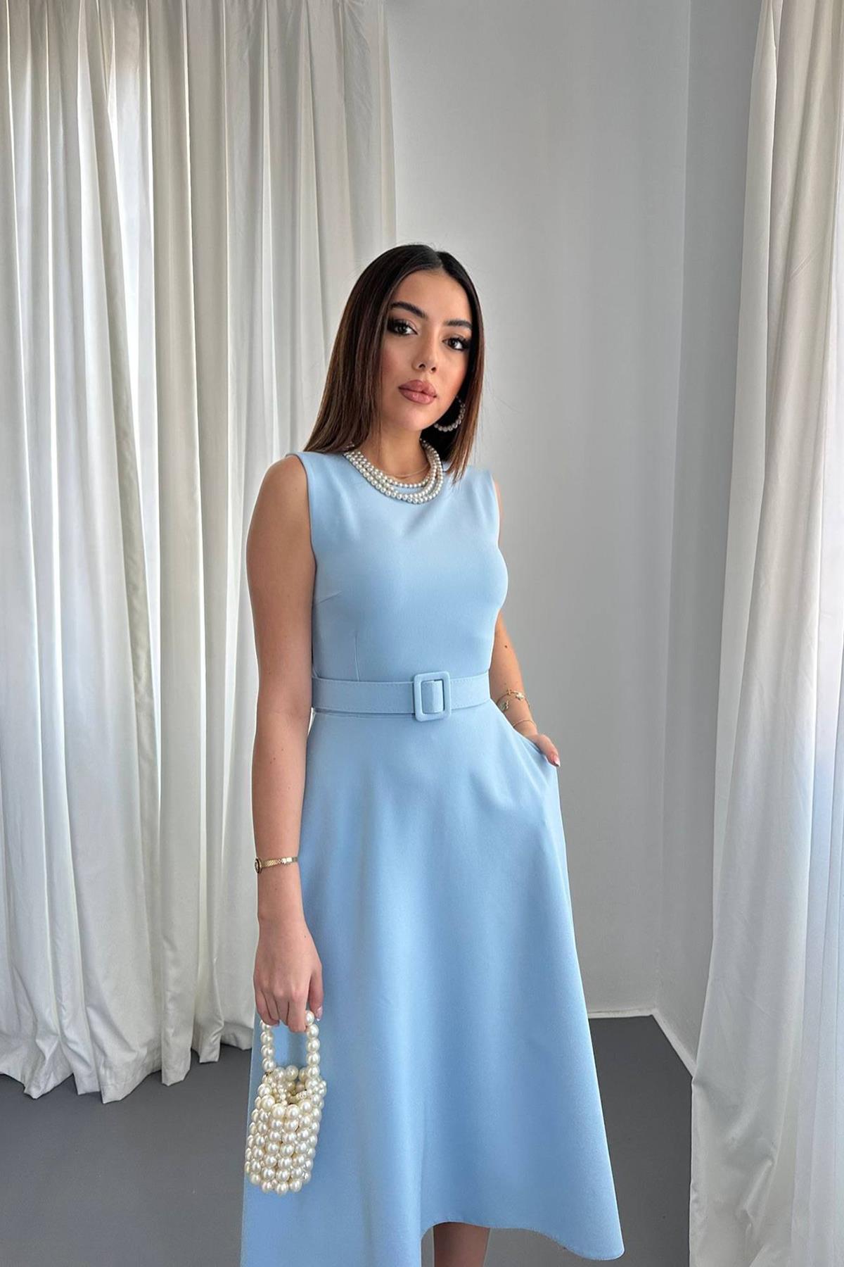 Toptan Bebe Mavi Etek Ucu Asimetrik Atlas Elbise