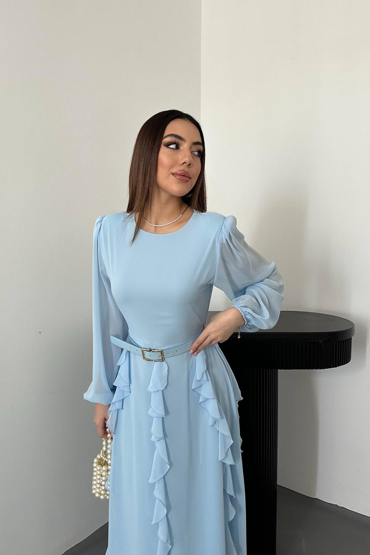 Bebe Mavi Kemerli Şifon Elbise
