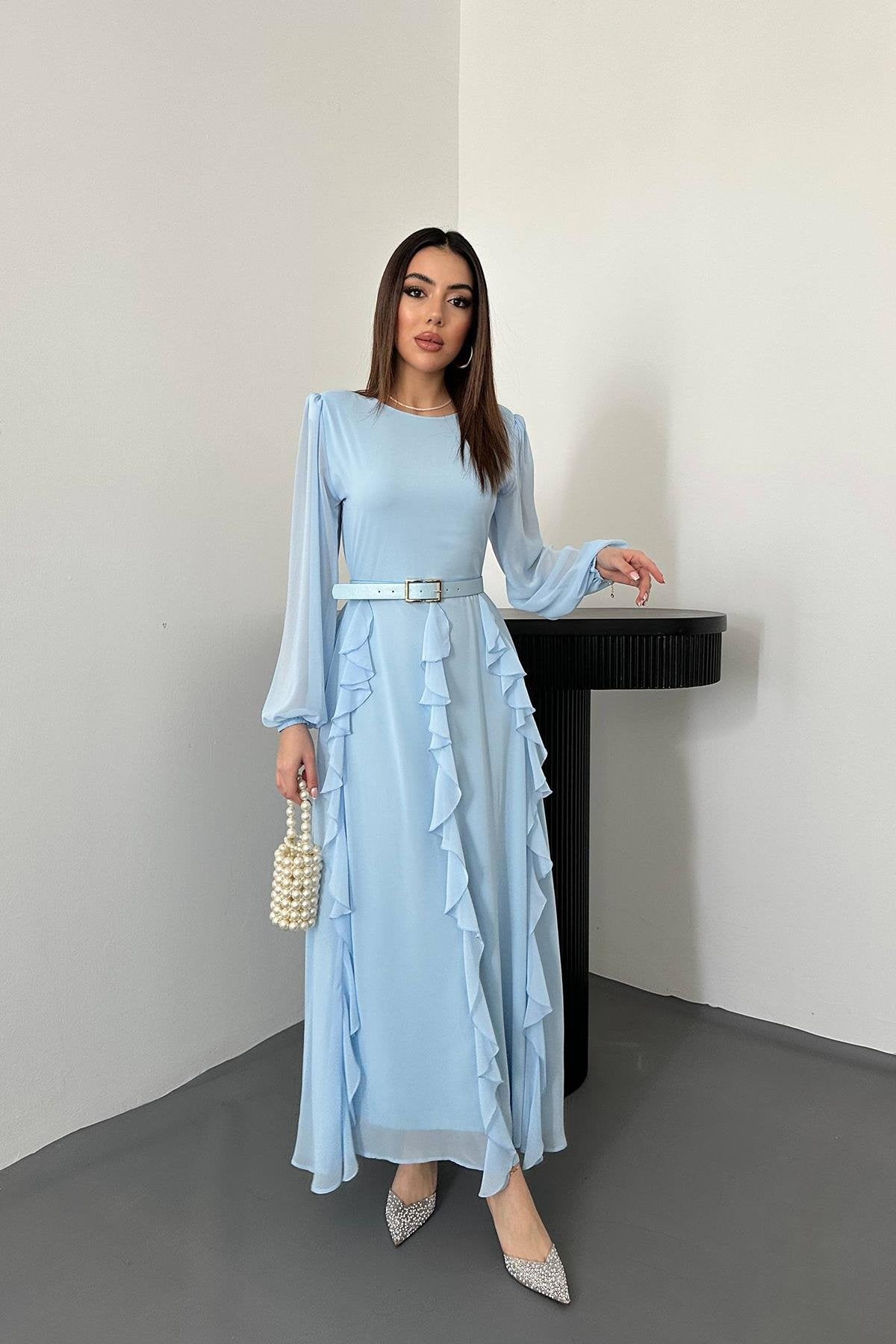 Toptan Bebe Mavi Kemerli Şifon Elbise Bebe Mavi L