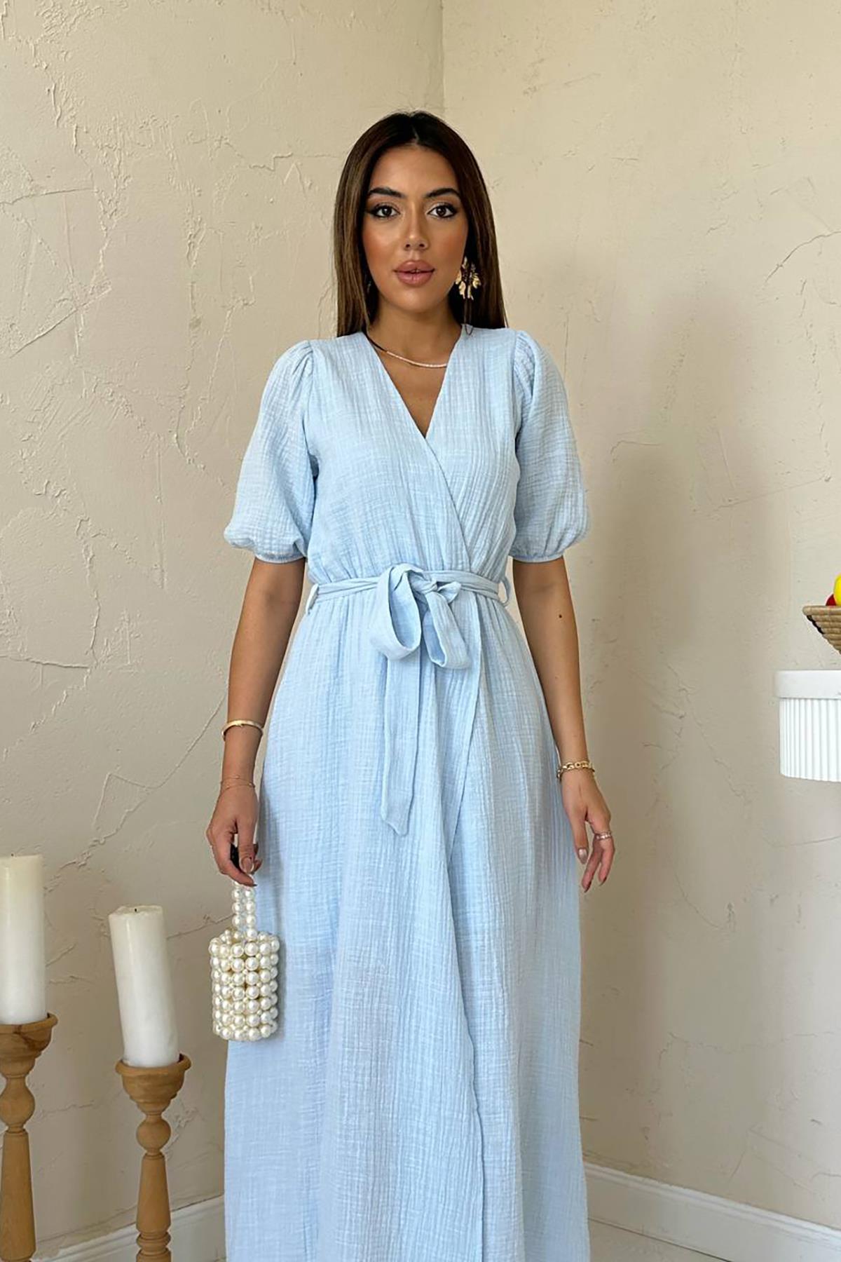 Toptan Bebe Mavi Kruvaze Yaka Müslin Keten Elbise