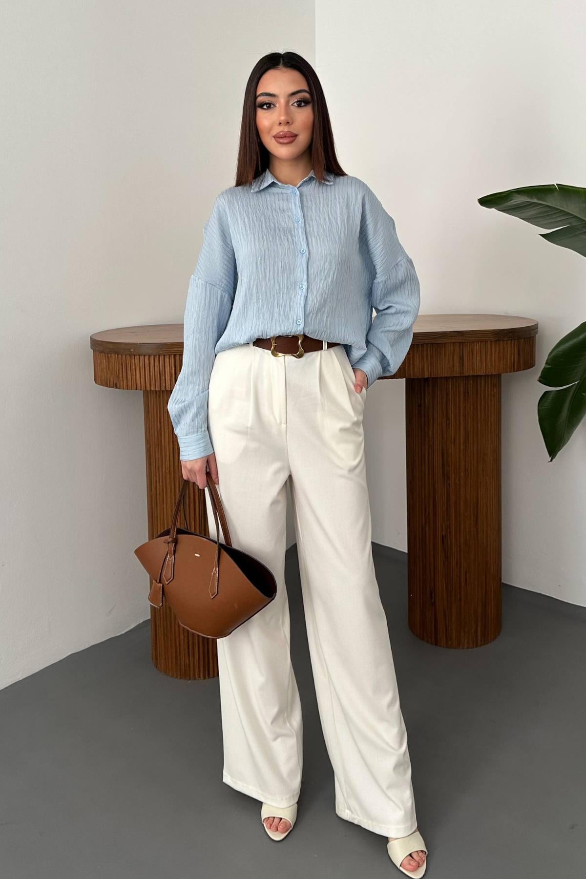 Bebe Mavi Nakışlı Oversize Gömlek