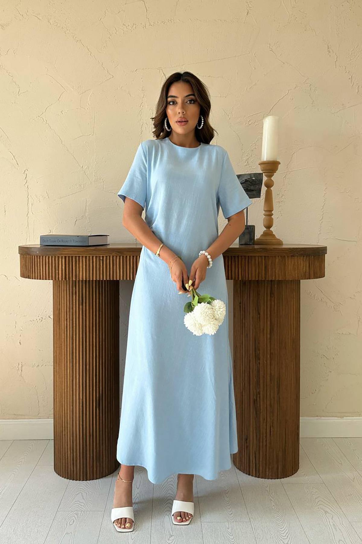 Toptan Bebe Mavi Pileli Bisiklet Yaka Elbise Bebe Mavi L