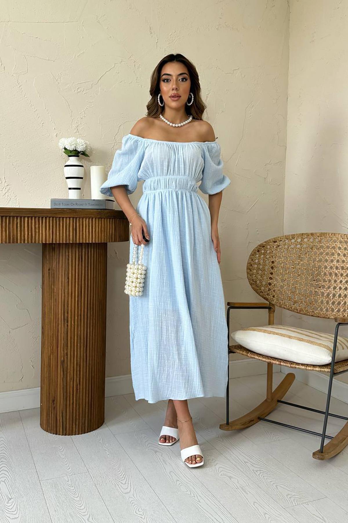 Toptan Bebe Mavi Yakası Büzgülü Müslin Keten Elbise