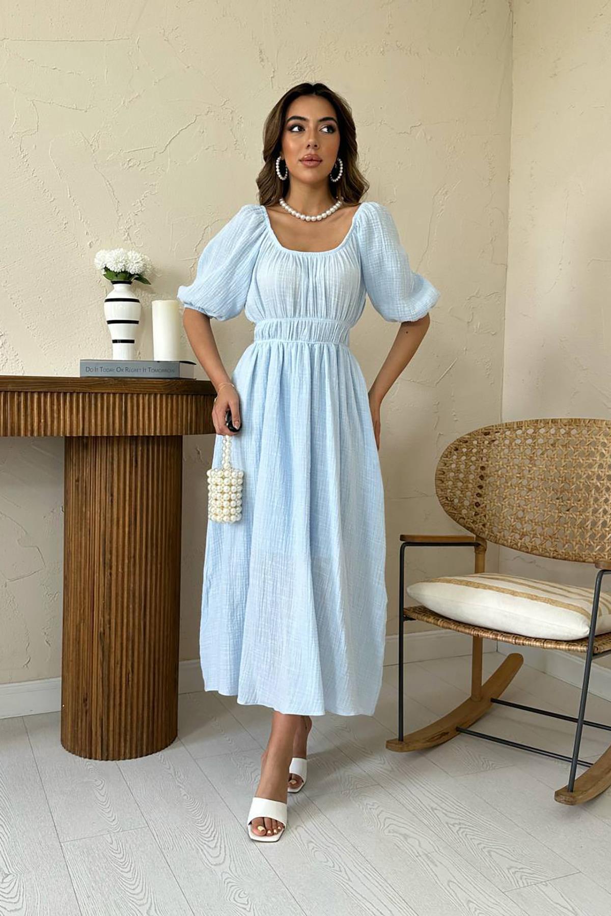 Toptan Bebe Mavi Yakası Büzgülü Müslin Keten Elbise Bebe Mavi L