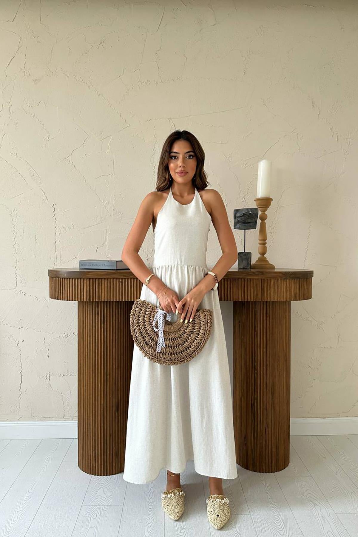 Toptan Bej Arkası Gipeli Keten Elbise