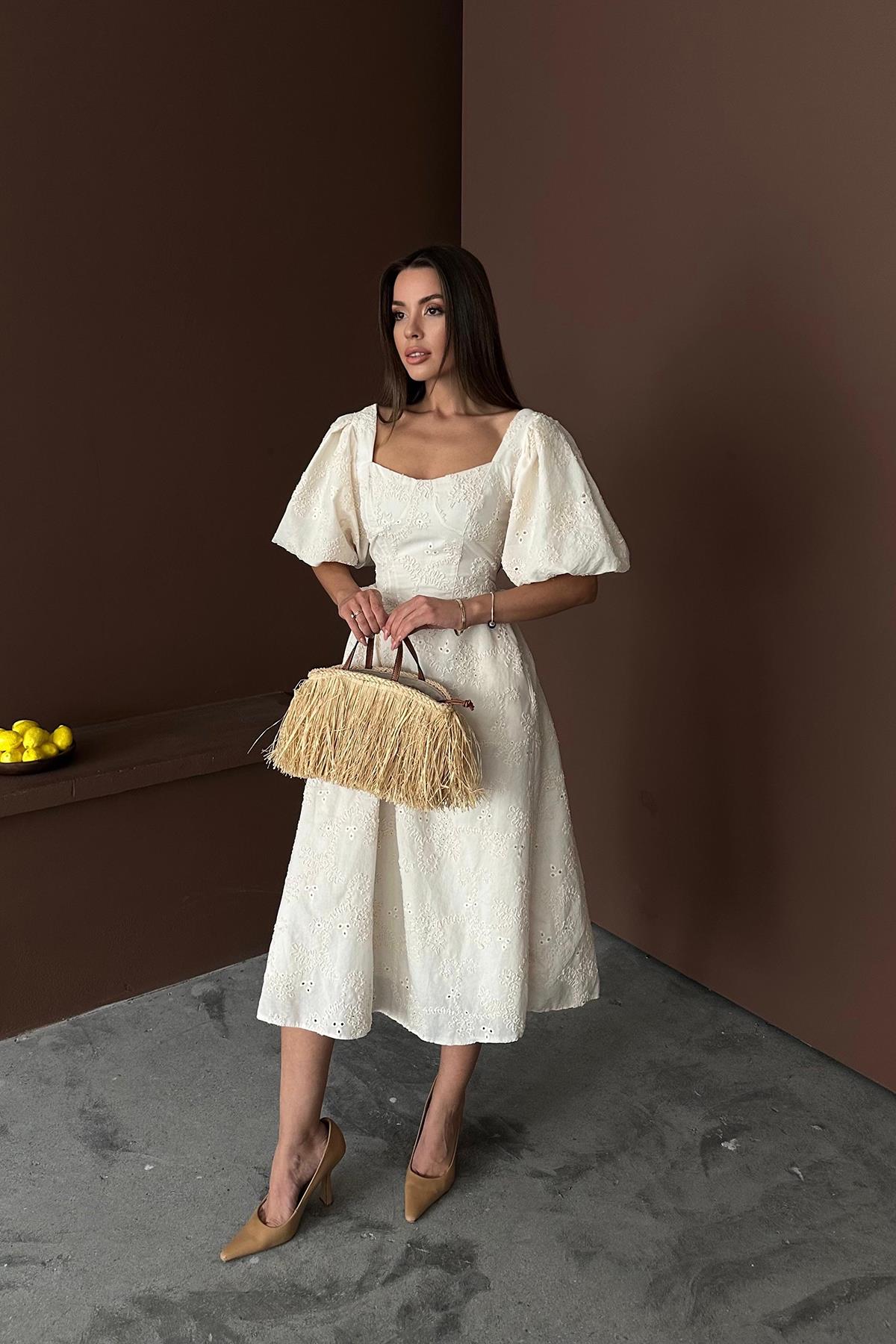 Toptan Bej Balon Kollu Dantelli Brode Elbise