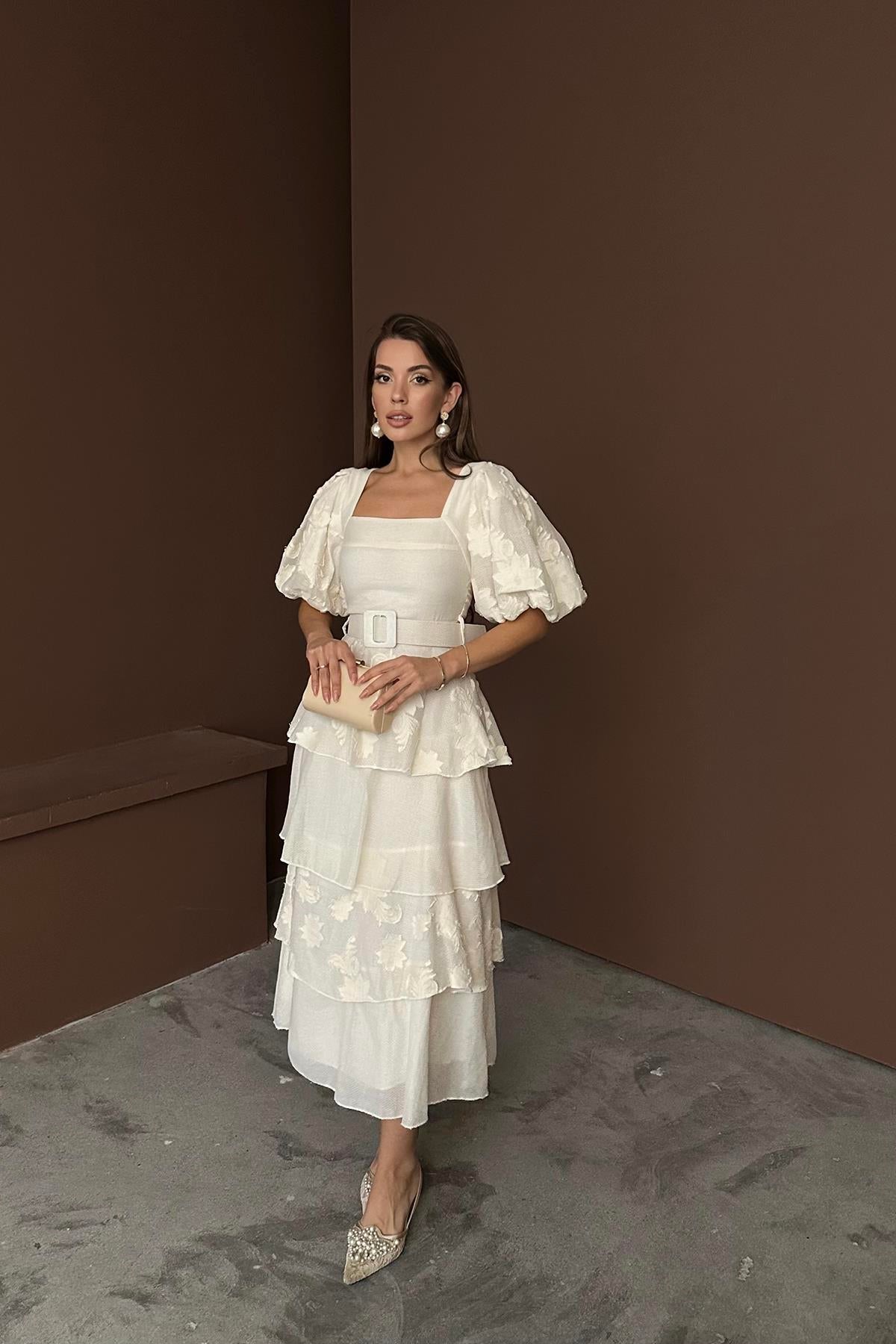 Toptan Bej Balon Kollu Kat Kat Elbise