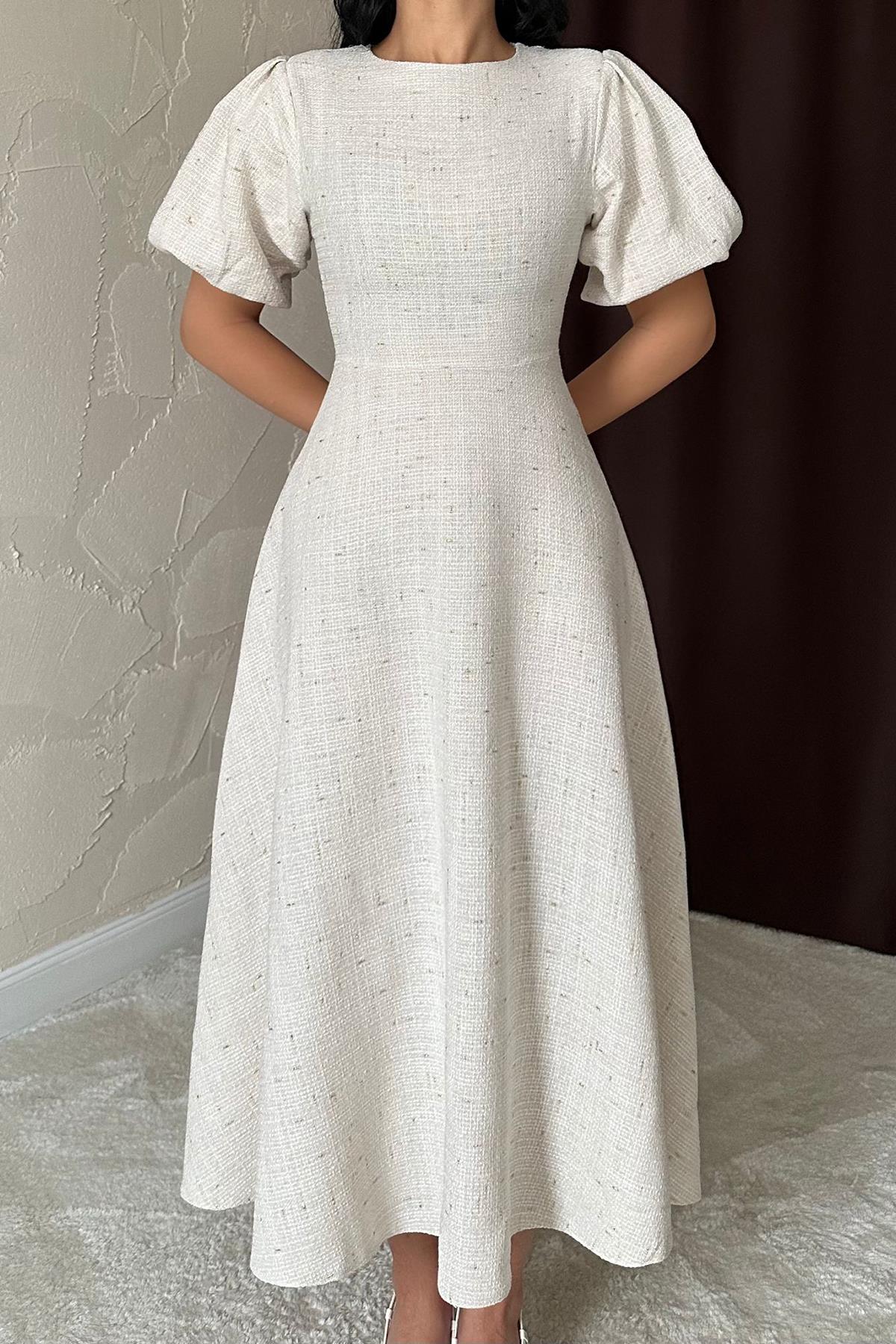 Toptan Bej Balon Kollu Uzun Elbise