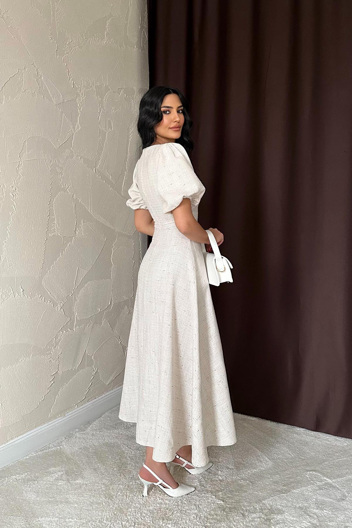 Toptan Bej Balon Kollu Uzun Elbise