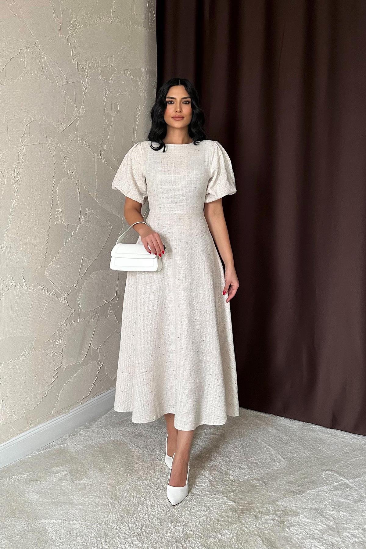 Toptan Bej Balon Kollu Uzun Elbise