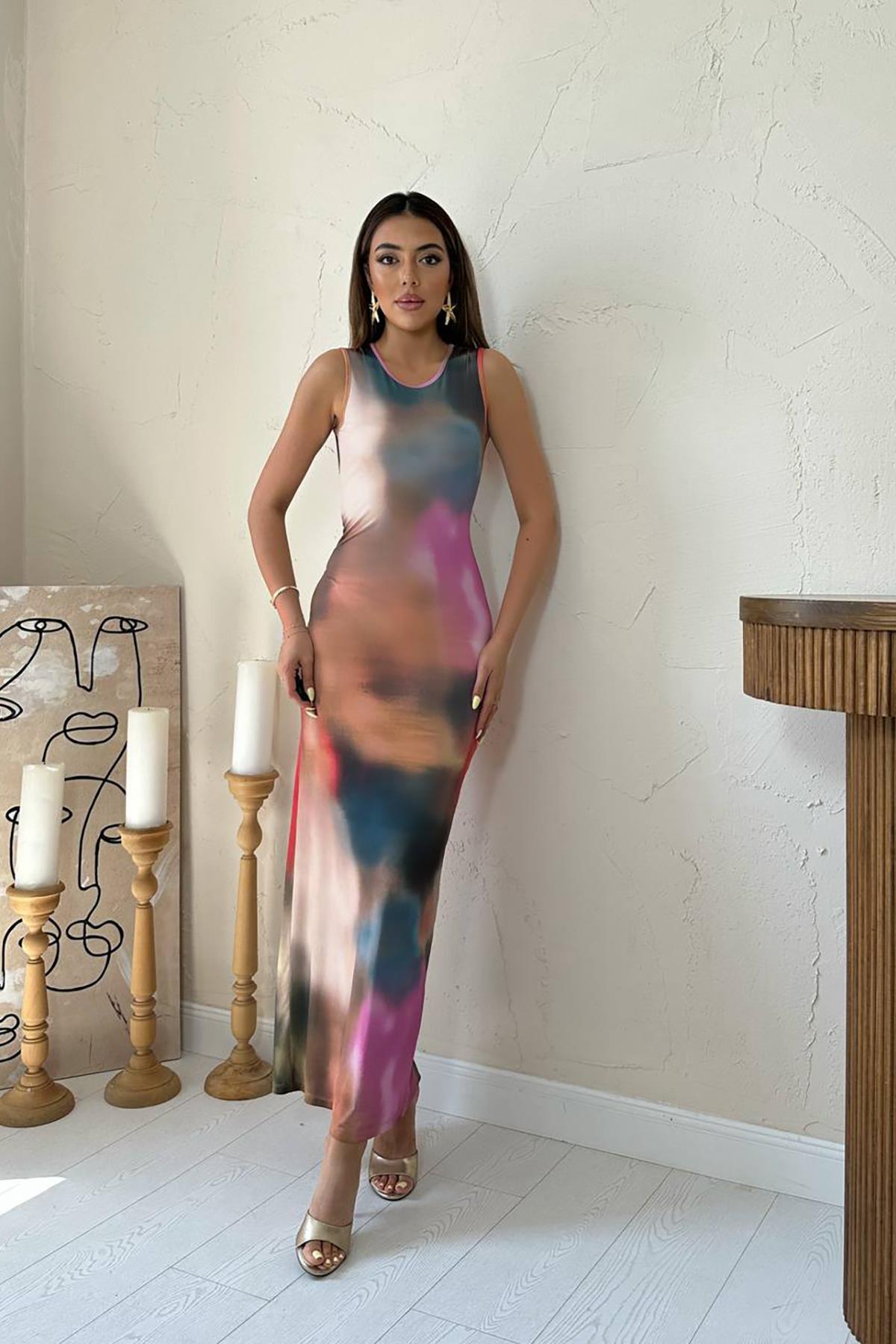 Toptan Bej Batik Desenli Elbise Bej L