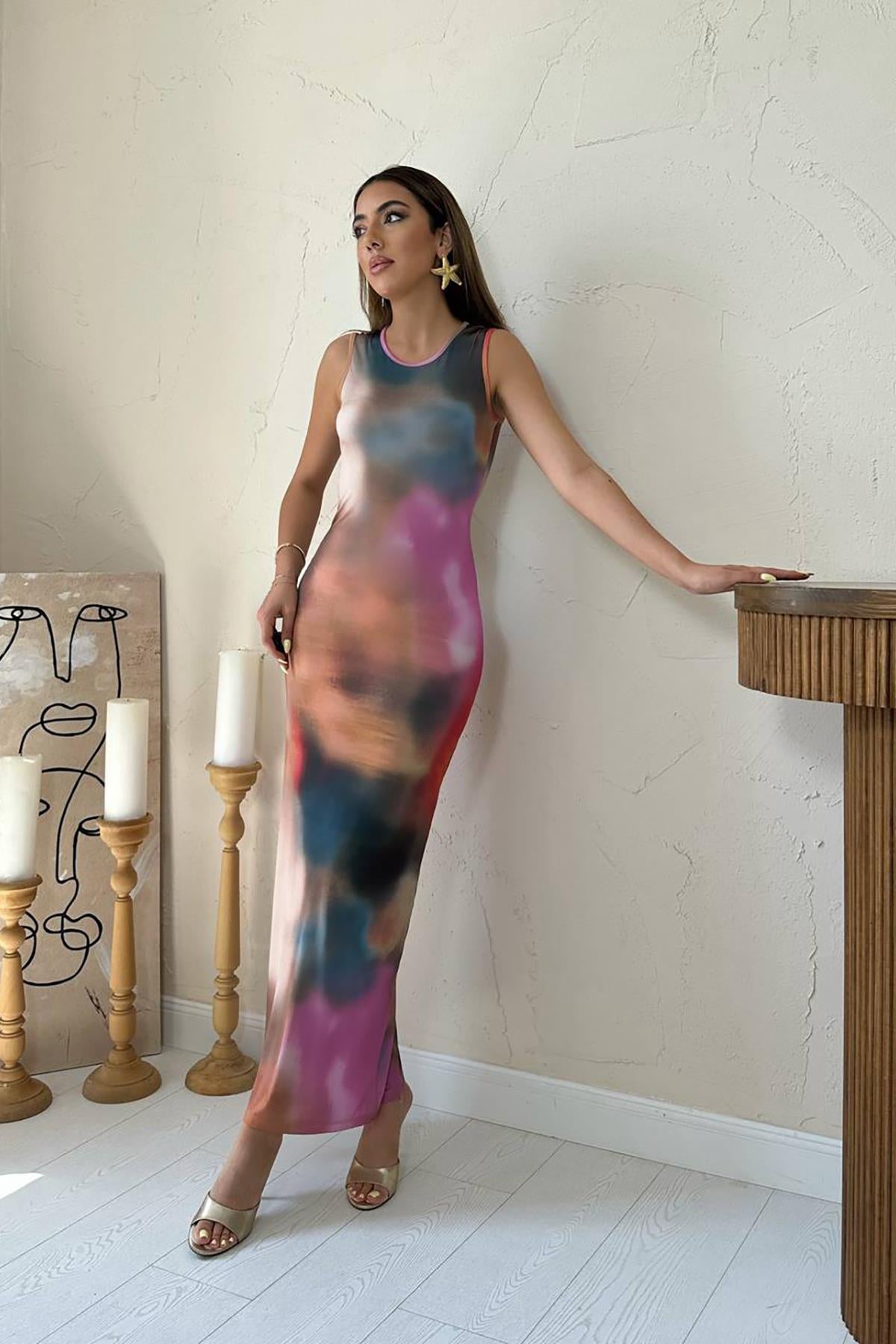 Toptan Bej Batik Desenli Elbise