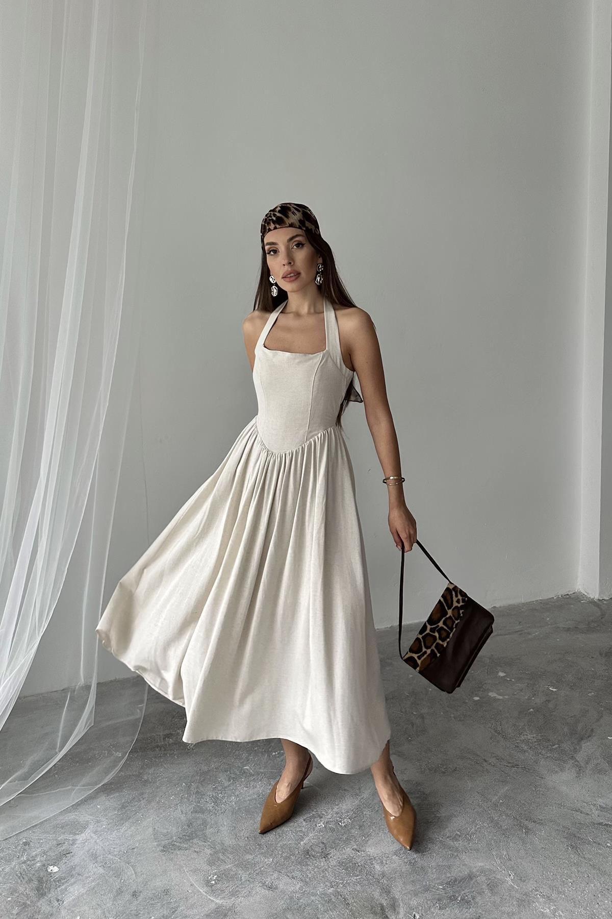 Toptan Bej Boyundan Bağlamalı Keten Elbise