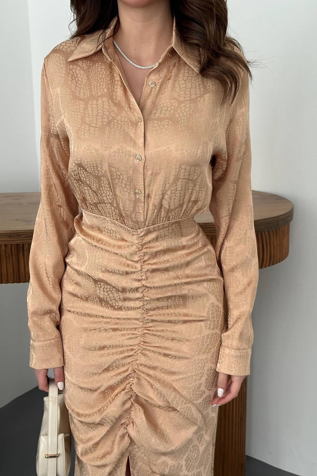 Toptan Bej Büzgülü Gömlek Elbise