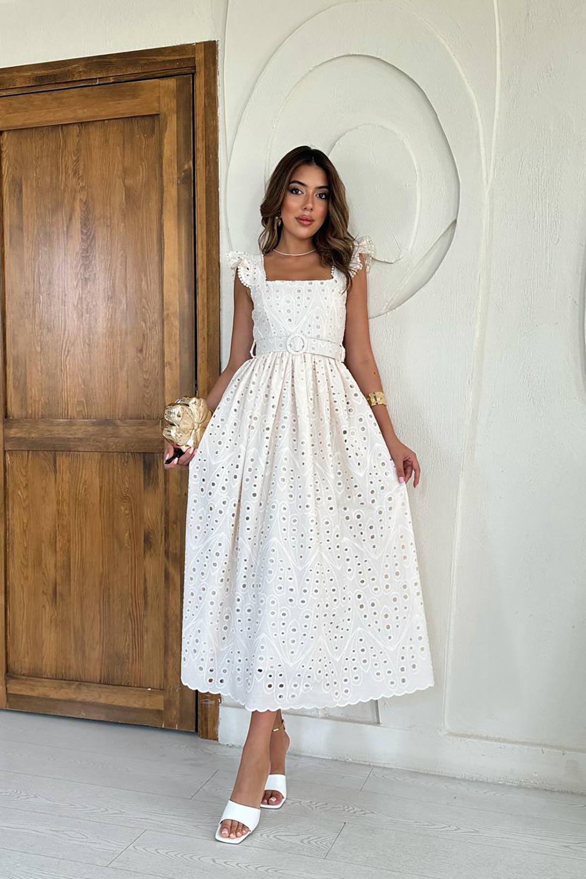 Toptan Bej Dantelli Brode Elbise Bej L