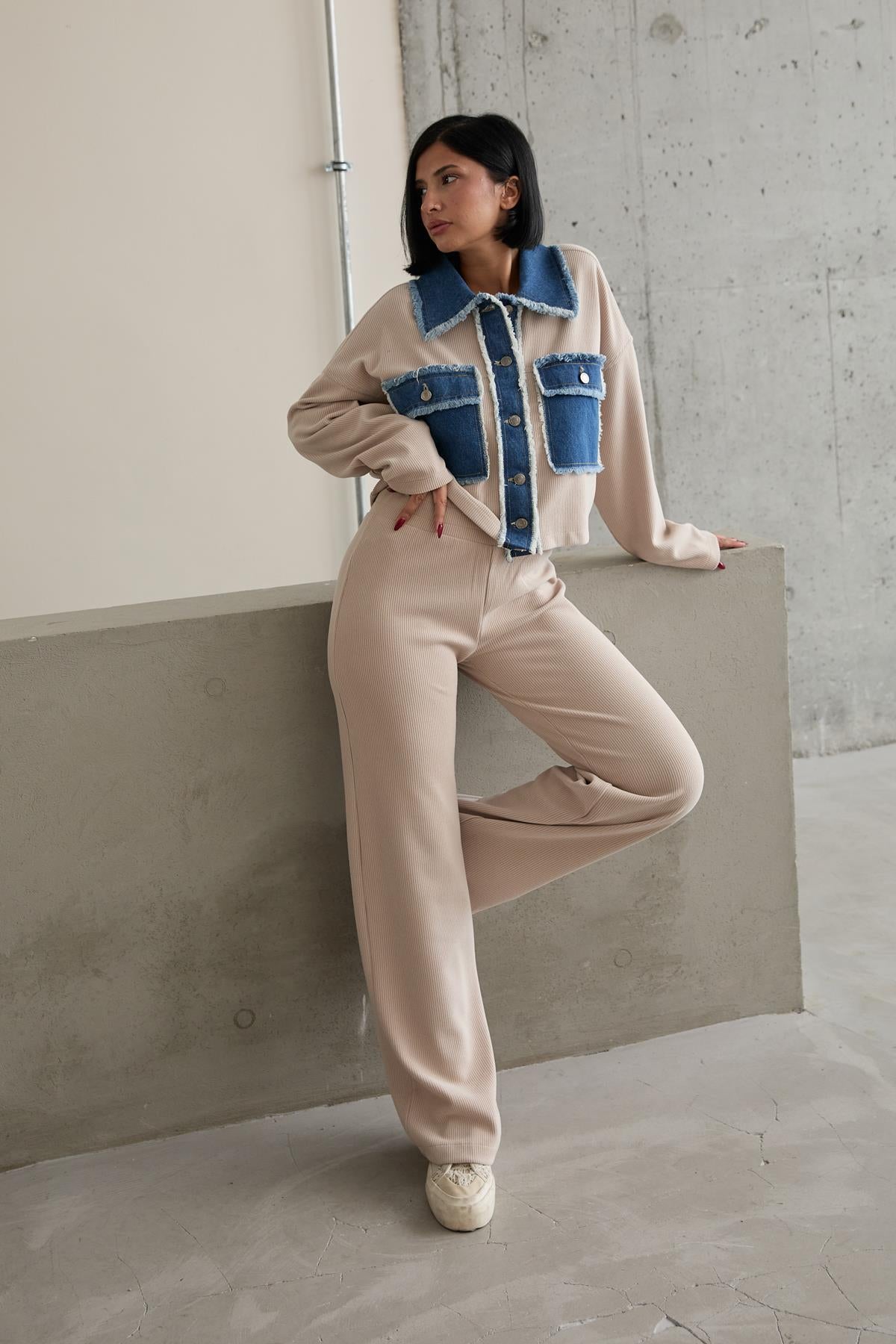 Toptan Bej Denim Garnili Gömlek Ve Pantolon Takım