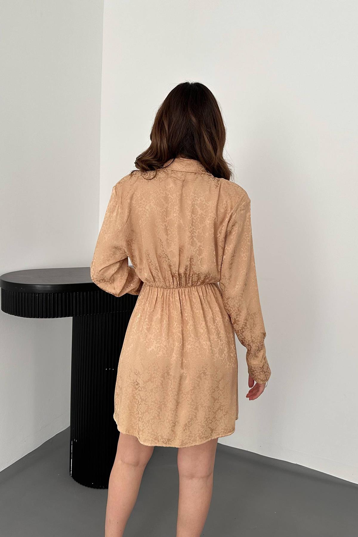 Toptan Bej Desenli Jakar Elbise