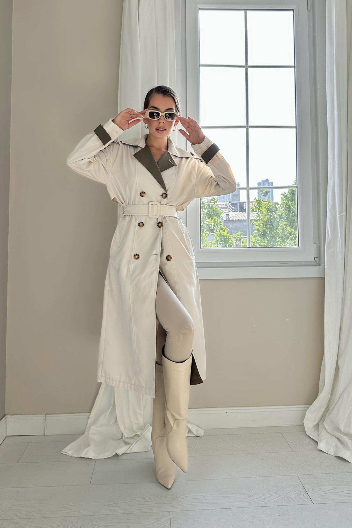 Toptan Bej Haki Arkası Çizgili Ve Kemerli Trençkot Bej Haki L