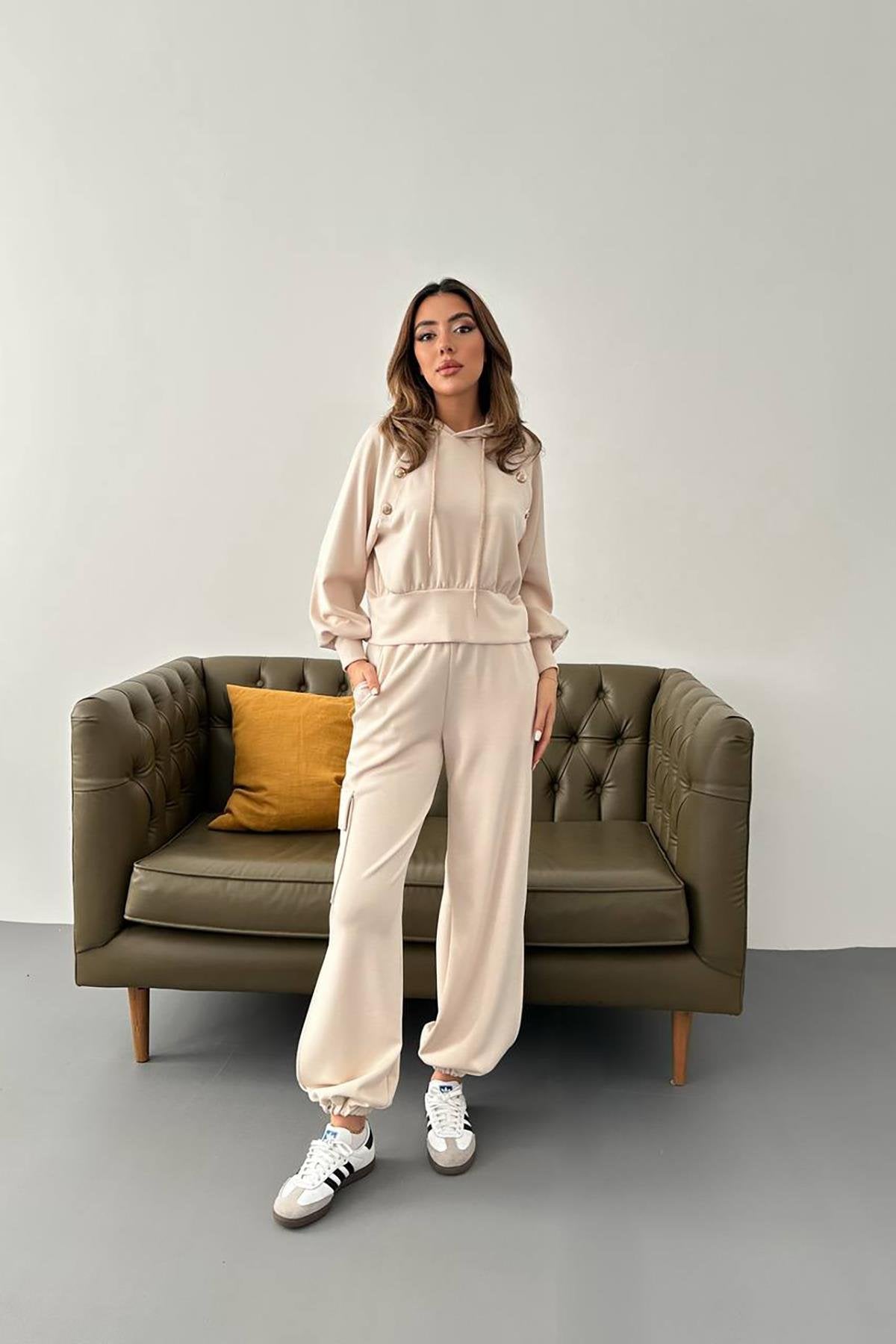 Toptan Bej Kapüşonlu Sweatshirt Ve Kargo Pantolon Takım Bej L