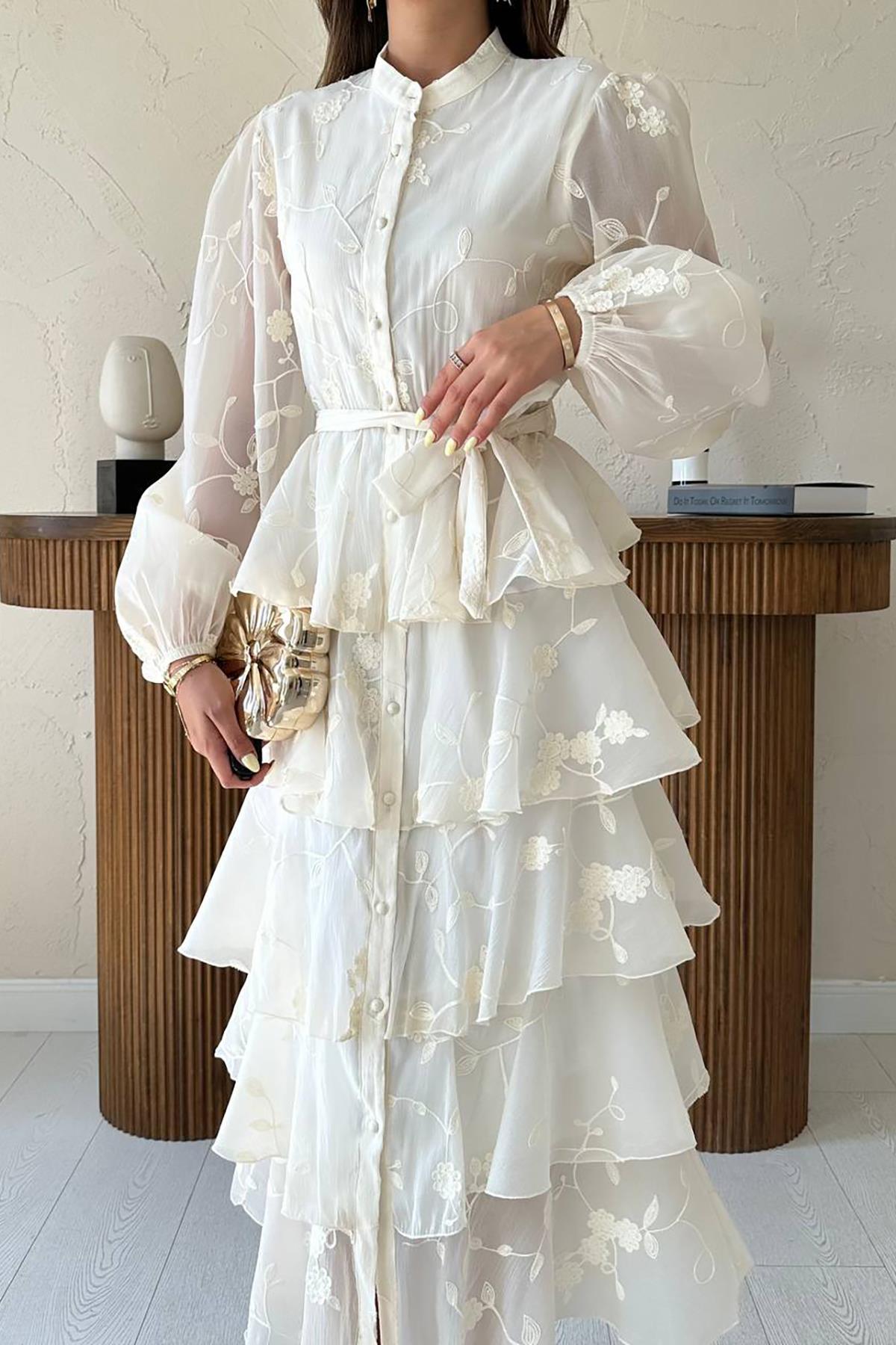 Toptan Bej Kat Kat Kuşaklı Elbise