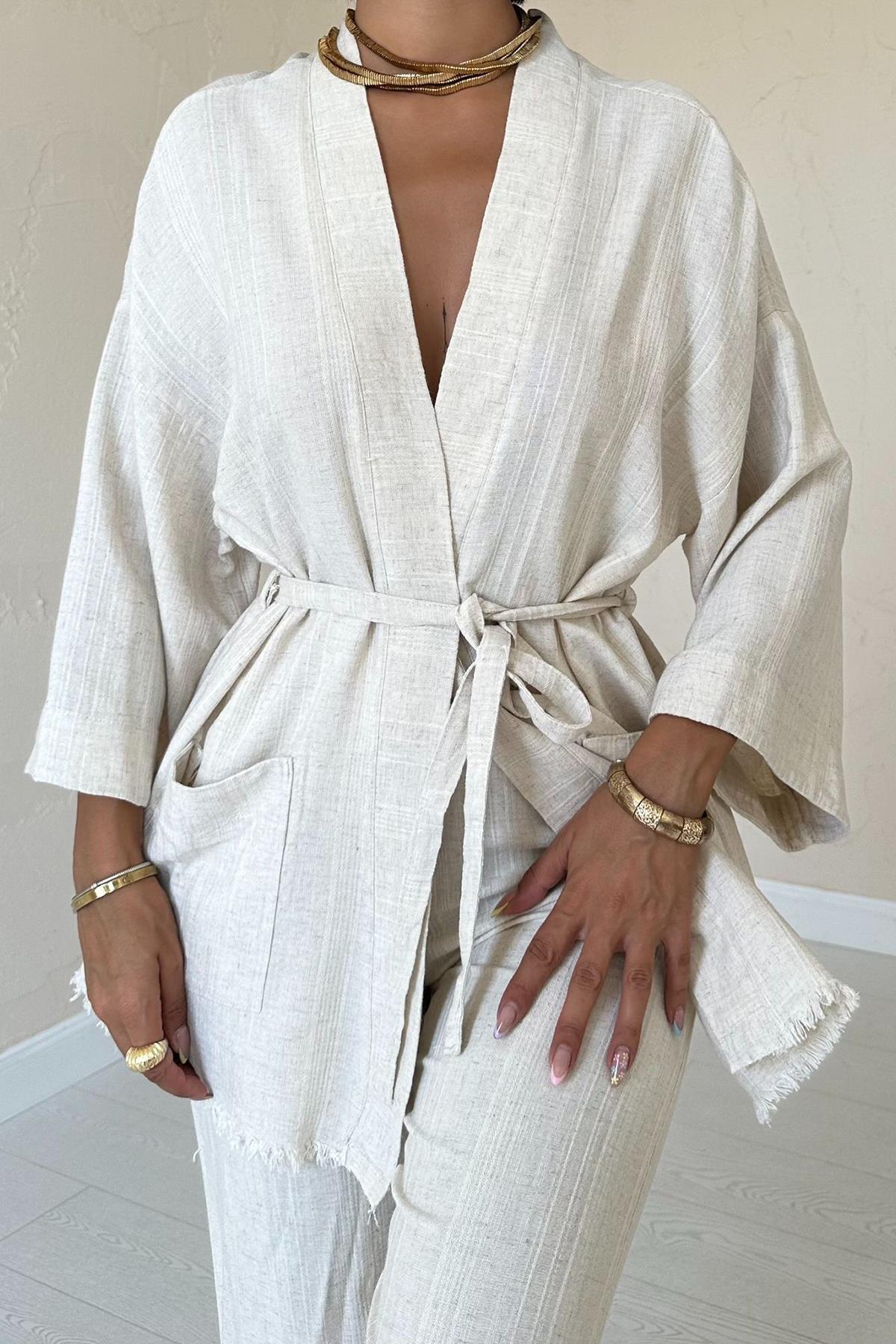 Toptan Bej Kimono Ve Pantolon Takım