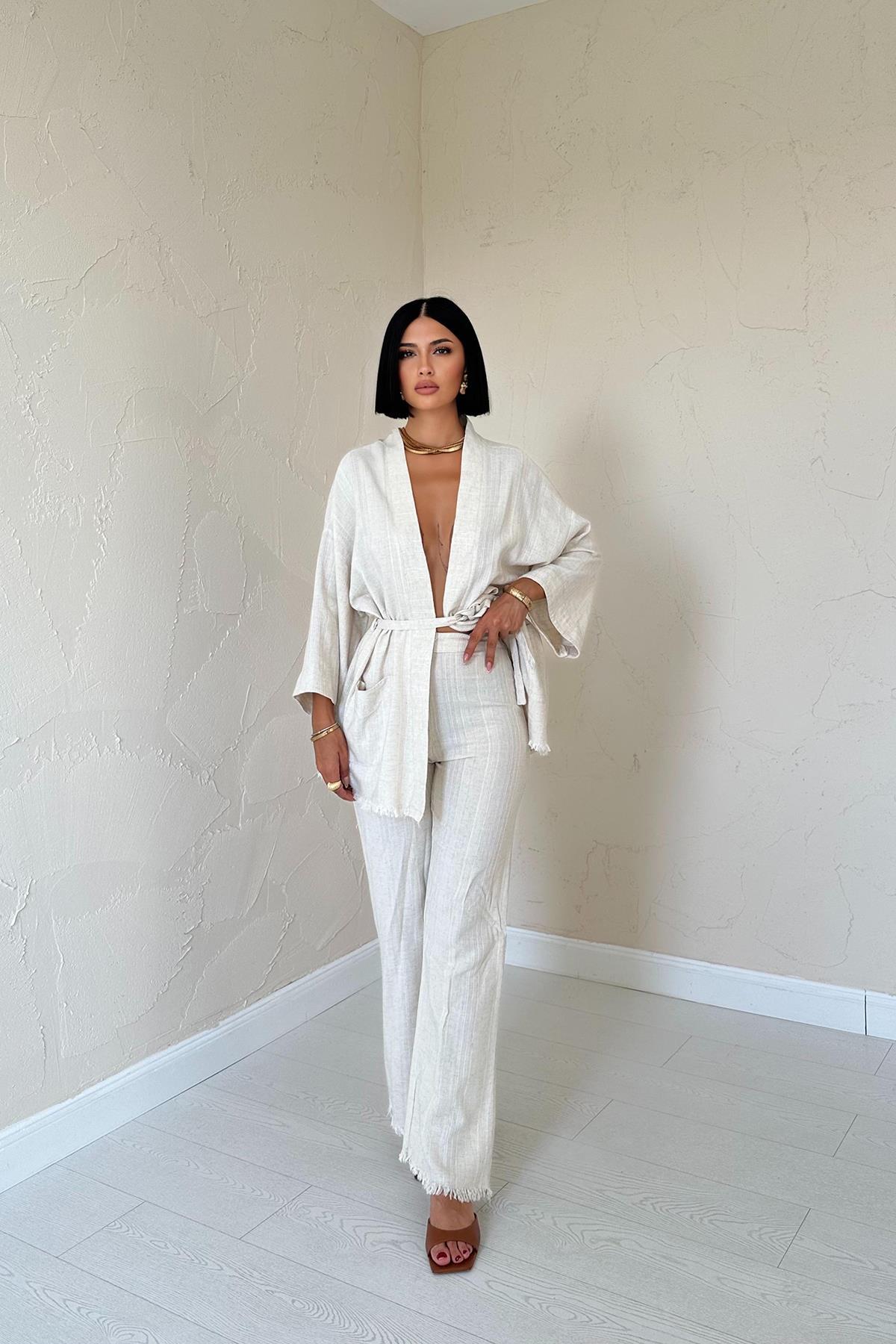 Toptan Bej Kimono Ve Pantolon Takım Bej L