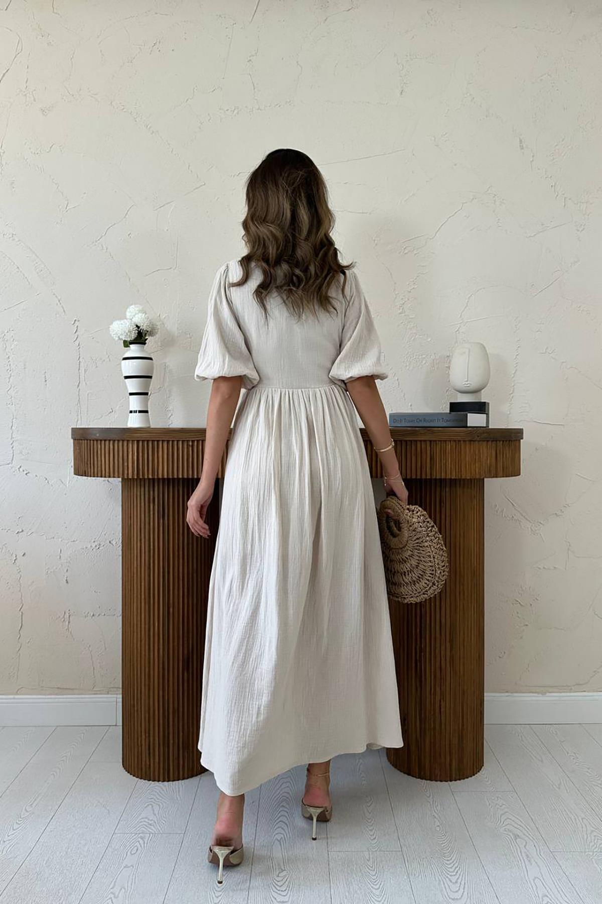 Toptan Bej Müslin Uzun Elbise