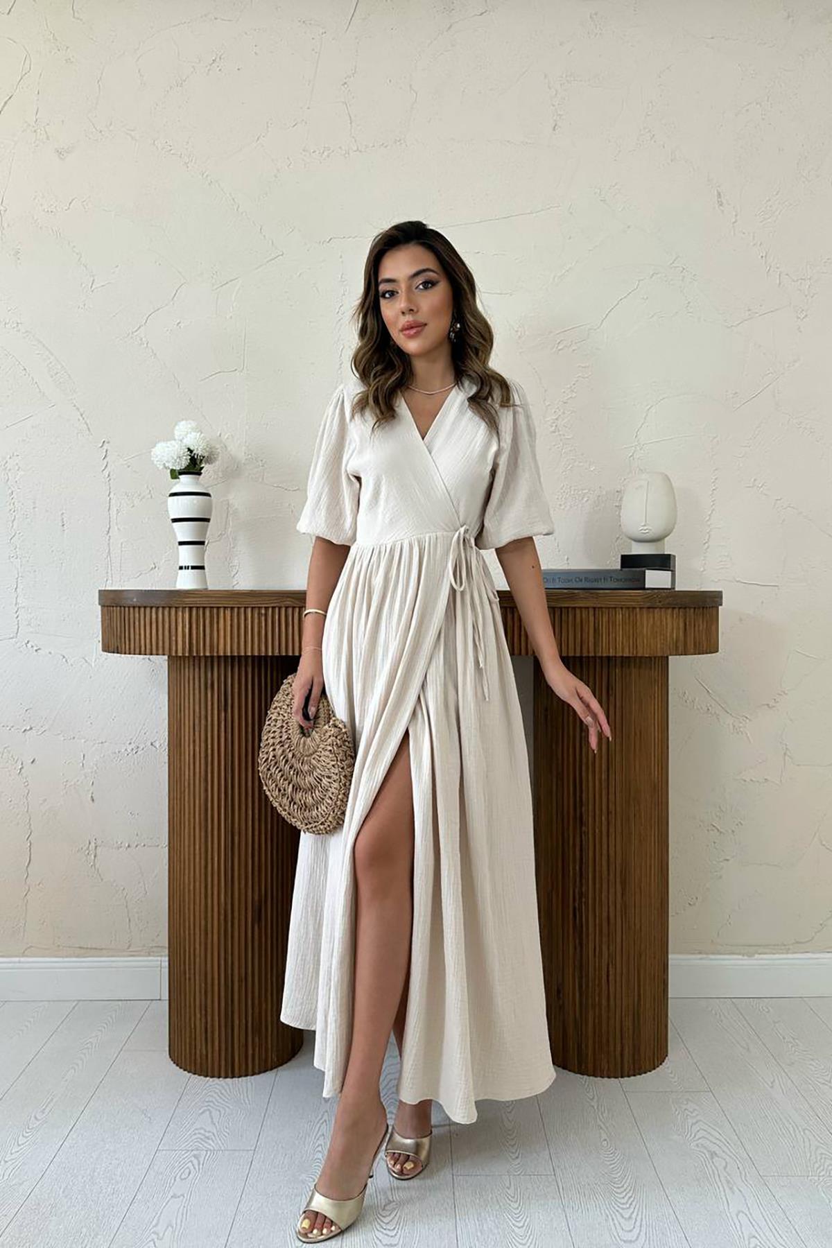 Toptan Bej Müslin Uzun Elbise Bej L